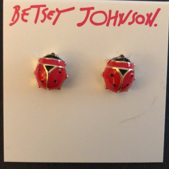 Betsey Johnson Gold Tone Red & Black Enamel Ladybug Stud Earrings NWT - Picture 2 of 12